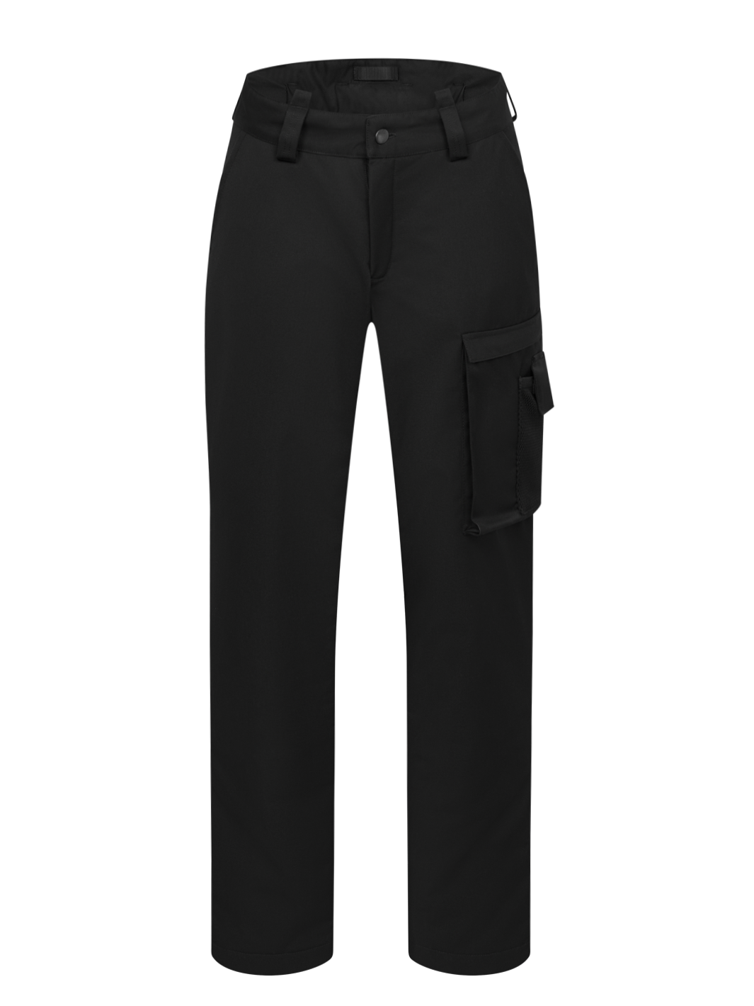 Kuvassa Image Wearin mustat naisten Pyry talvihousut. Vasemmalla iso reisitasku, sivutaskut, vyönlenkit ja nappi-vetoketjukiinnitys edessä. Vyötäröä korotettu takaa ja takana lisäksi leveämpi kaitale, jotta  vyö pysyy paremmin paikoillaan. 