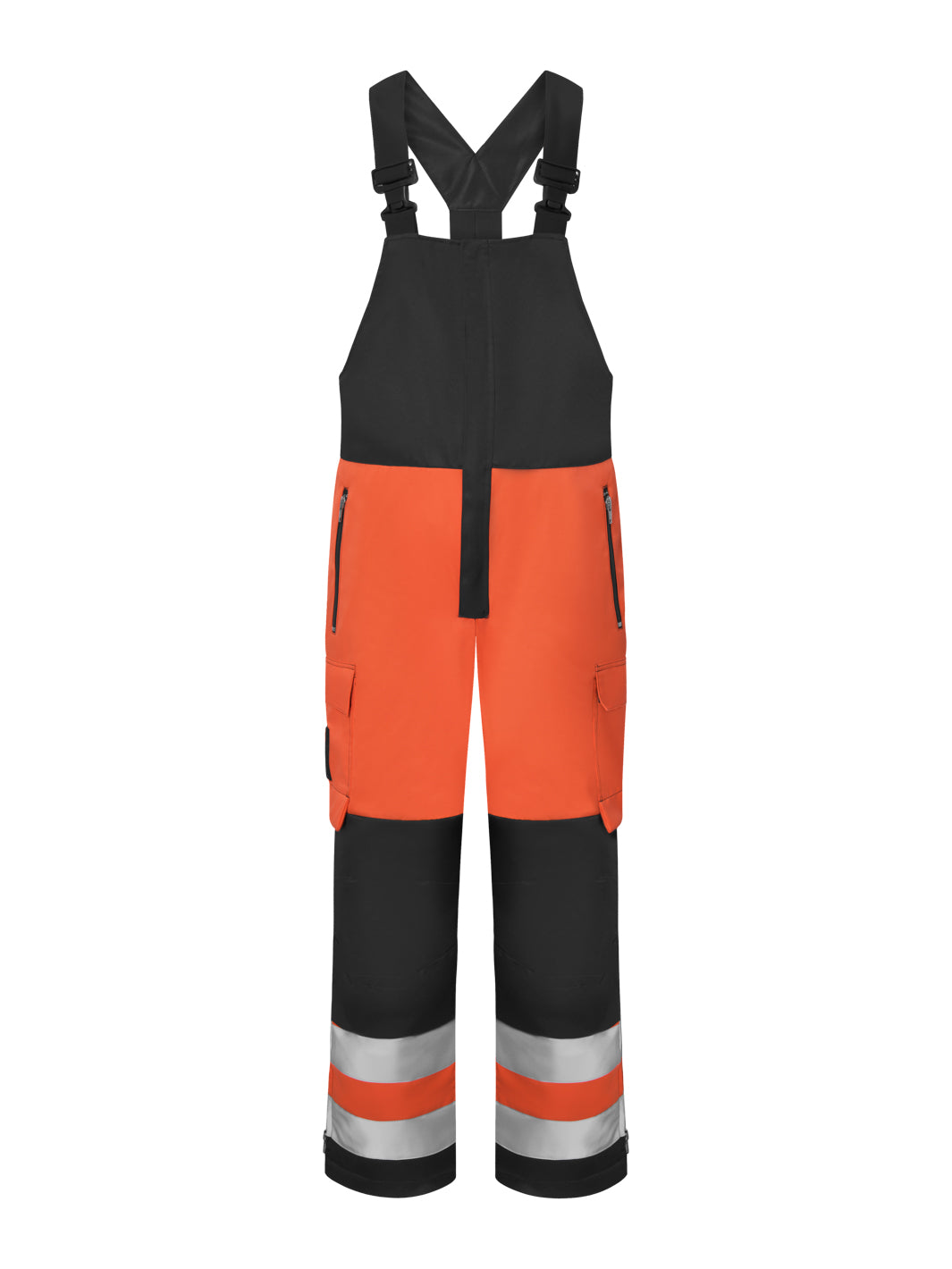 Näkyvä oranssi talviavohaalari, jossa lahkeissa lumilukot. Haalarissa on polvitaskut ja reisitaskut sekä vetoketjulla suljettavat etutaskut. Lahkeissa näkyvyyttä lisäävät heijastimet.