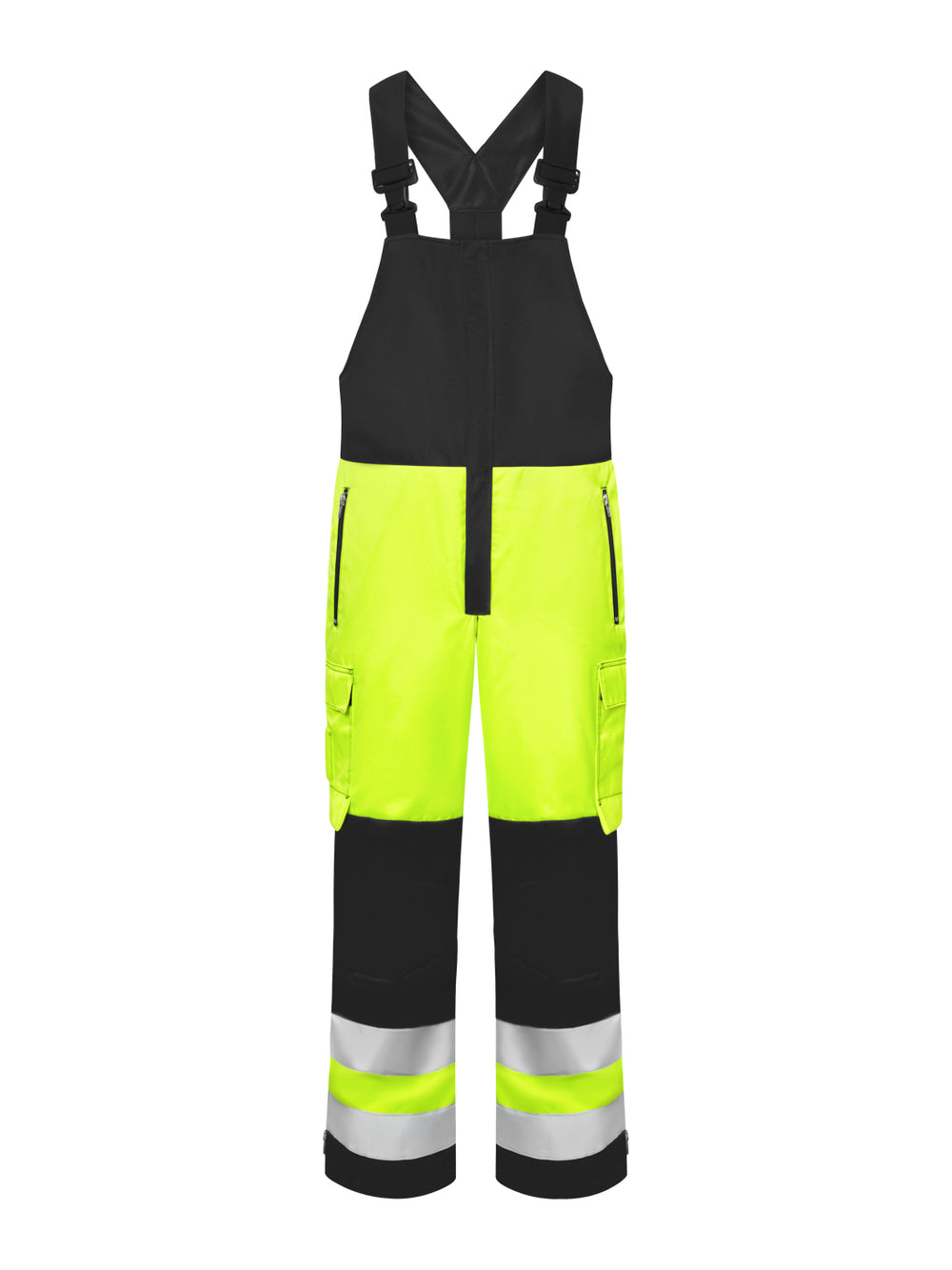 Näkyvä keltainen talviavohaalari, jossa lahkeissa lumilukot. Haalarissa on polvitaskut ja reisitaskut sekä vetoketjulla suljettavat etutaskut. Lahkeissa näkyvyyttä lisäävät heijastimet.