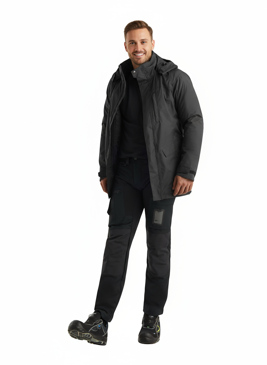 Kuvassa miesmallilla päällä Image Wearin musta parkatakki, mustat joustavat reisitaskuhousut sekä musta tekninen pikeepaita ja jalassa Sievin Roller-turvakengät. 