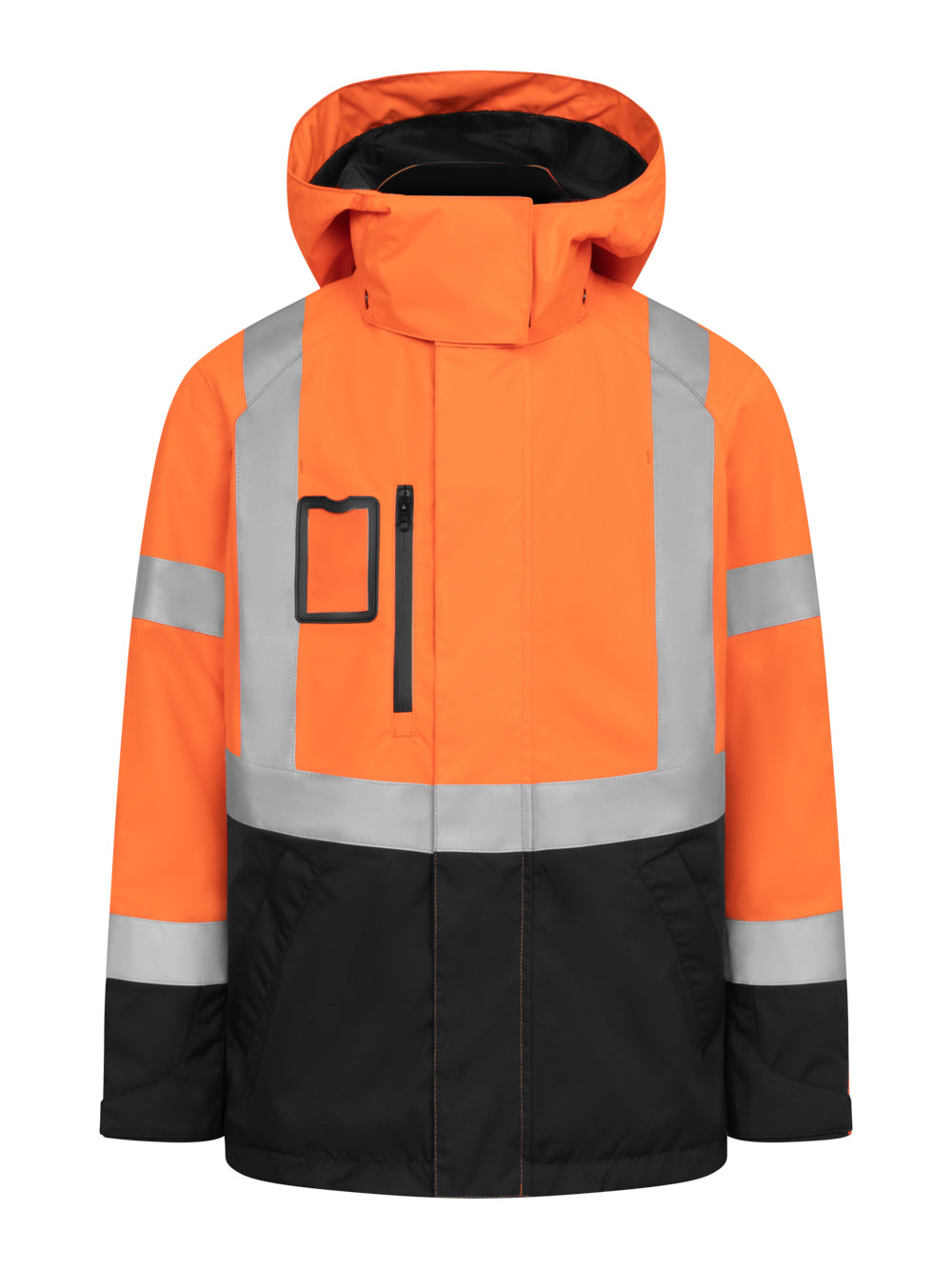 Oranssi-musta huomiovärinen kuoritakki heijastinnauhoilla. 