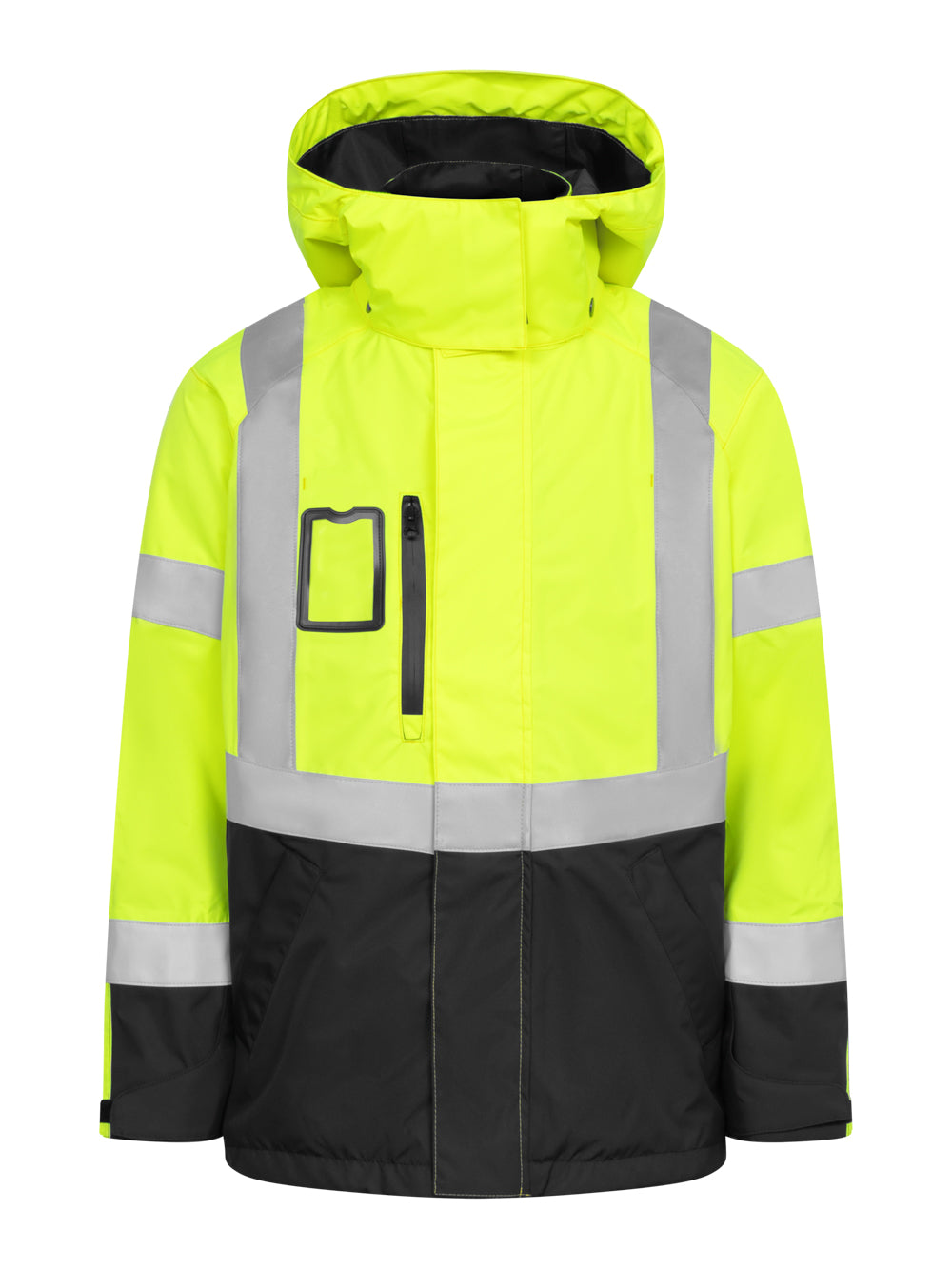 Huomiovärinen keltamusta varoituskuoritakki. Heijastinnauhat, huppu, vetoketjulliset taskut ja käyntikorttikotelo. Vetoketjukiinnitys etulistan alla. 