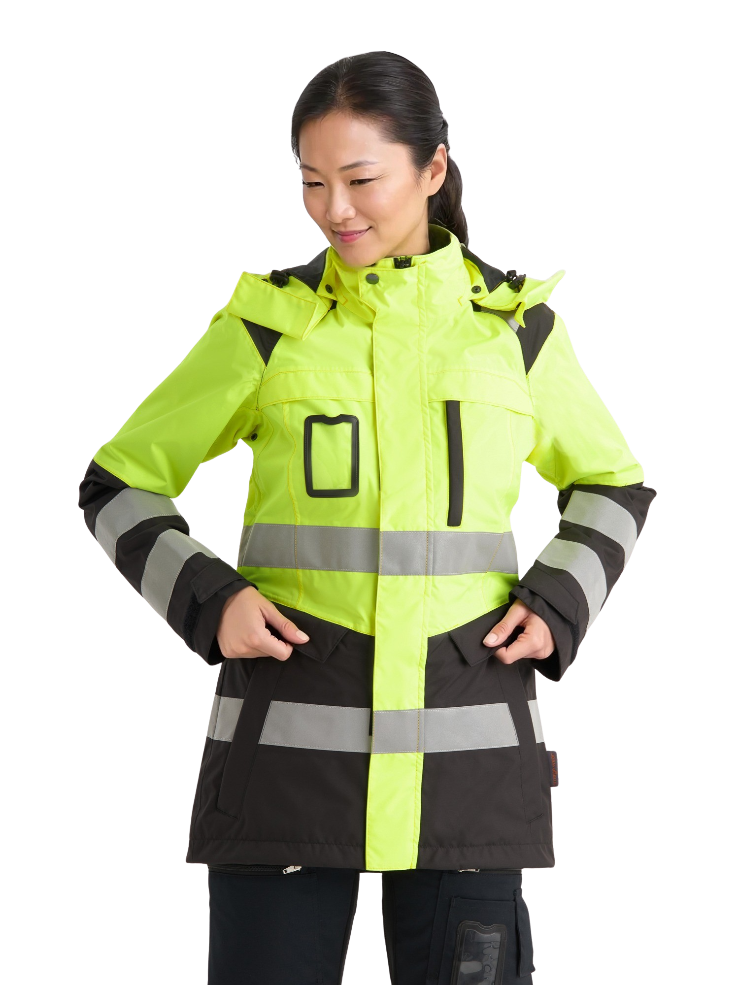 Kuvassa naismallilla päällä Image Wearin varoituskuoritakki keltaisena. Takki on naisten mitoituksella ja siinä on irrotettava huppu, vetoketjullisia taskuja sekä heijastinnauhat edessä ja hihoissa. 