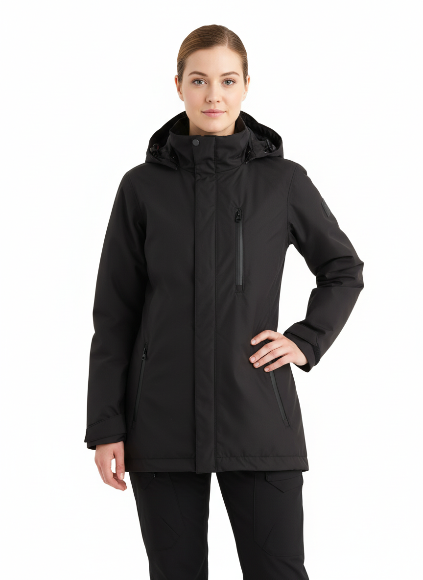 Kuvassa naisella päällä Image Wearin musta naisten kuoritakki sekä joustavat reisitaskuhousut. 