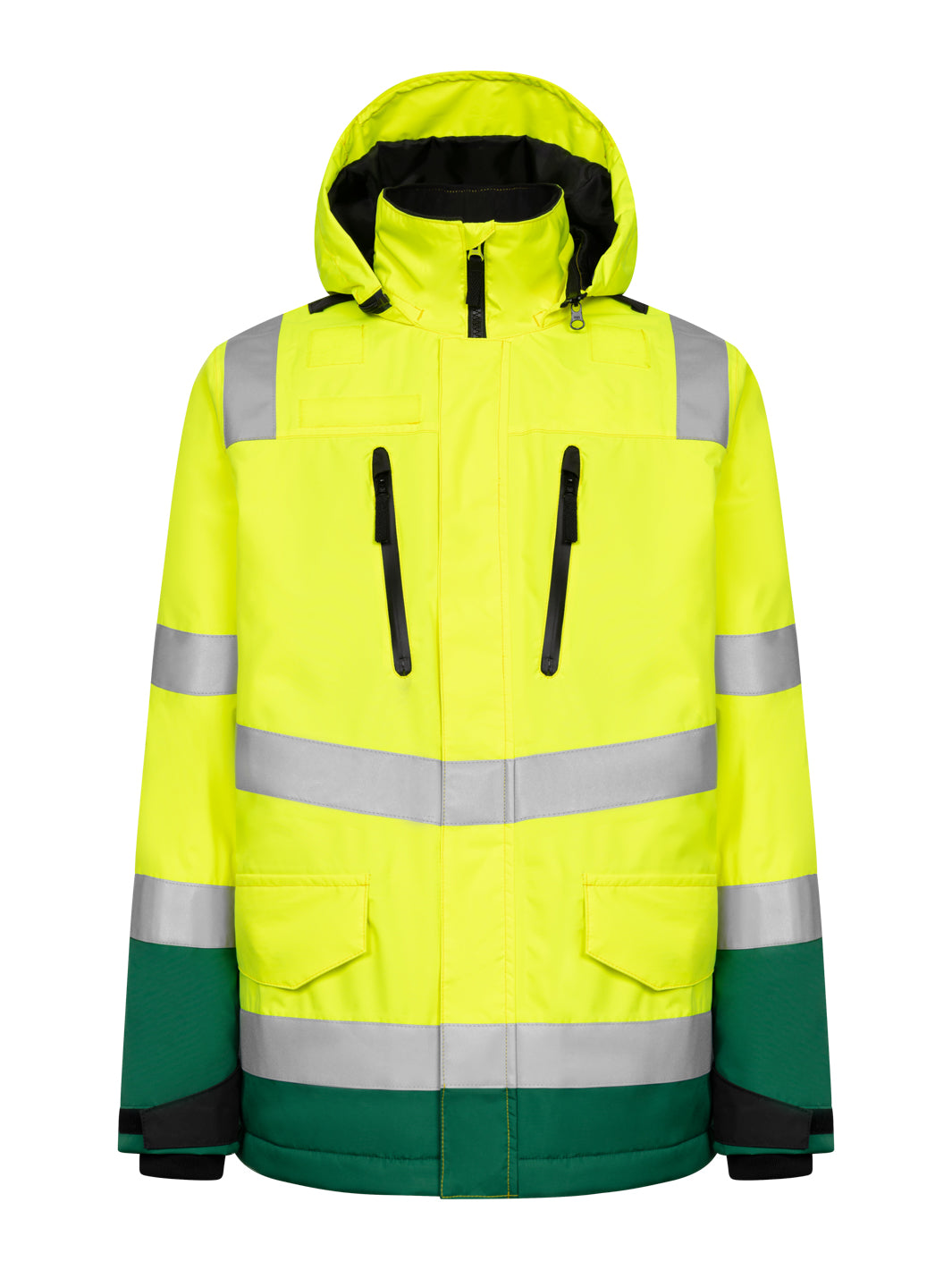 Kuvassa ensihoidon näkyvä keltavihreä talvitakki. 