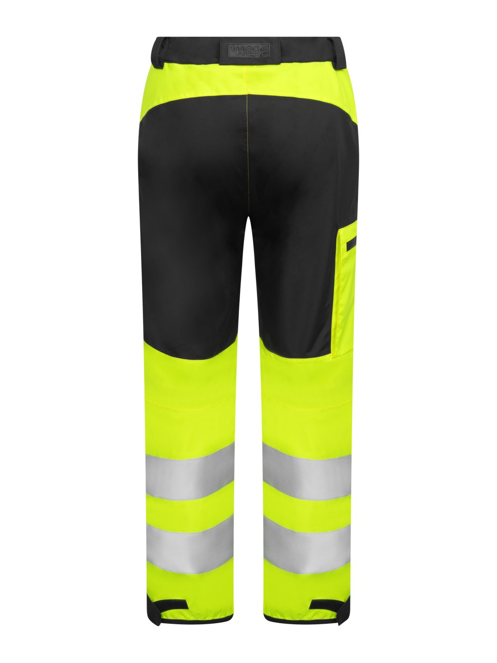 Varoituskuorihousut keltaisena takaapäin kuvattuna. 