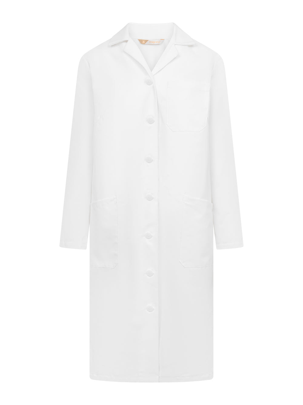 Naisten valkoinen työtakki korkeaa hygieniaa vaativiin töihin. Paitakaulus, pitkät hihat. Rintatasku, alataskut.
