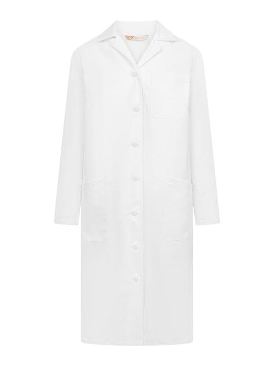 Naisten valkoinen työtakki korkeaa hygieniaa vaativiin töihin. Paitakaulus, pitkät hihat. Rintatasku, alataskut.