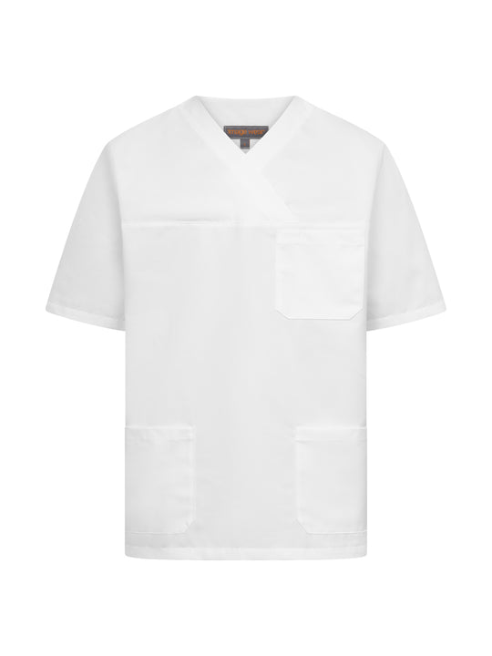 Valkoinen lyhythihainen toimipaikkapusero. 