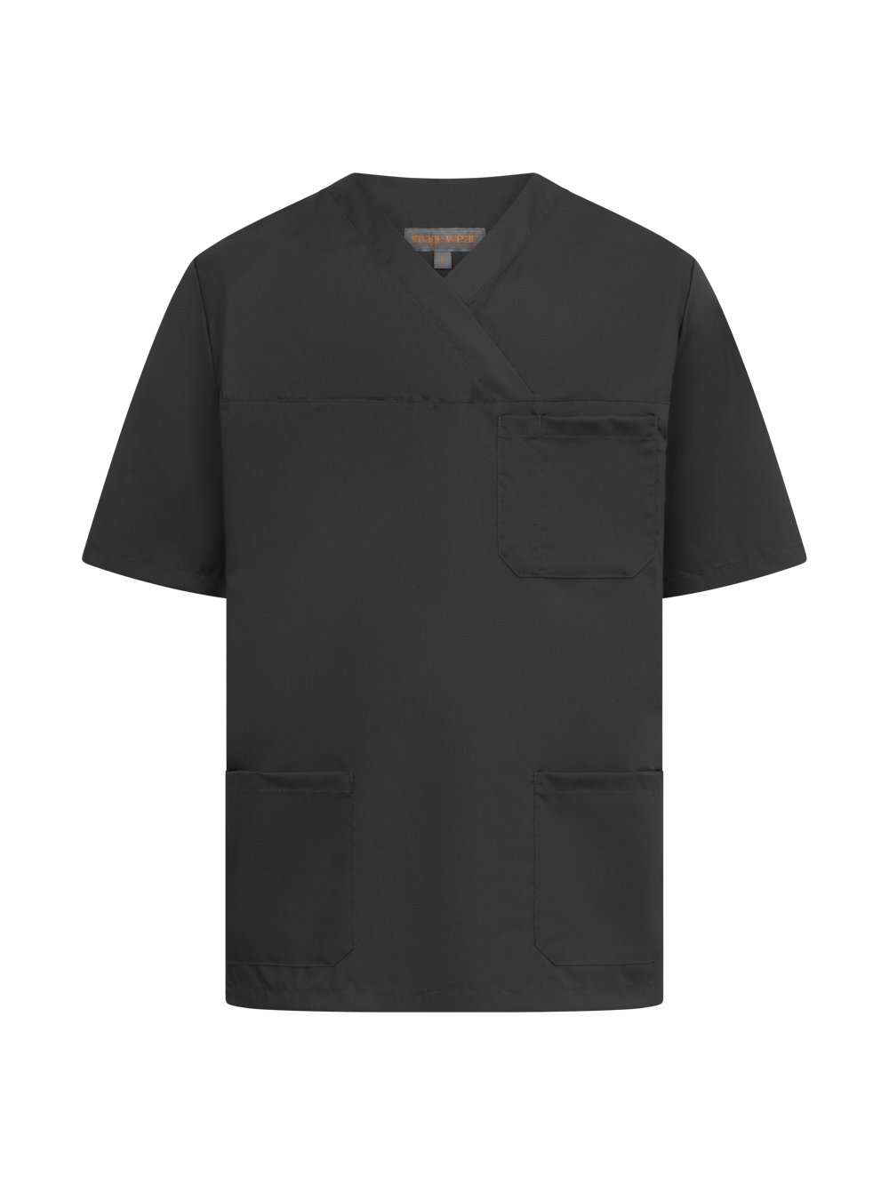 Tummanharmaa toimipaikkapusero. Lyhythihainen, edessä alataskut ja rintatasku. 