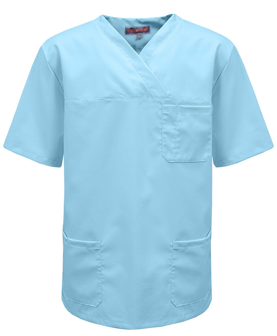 Toimipaikkapusero vaalean turkoosina. 