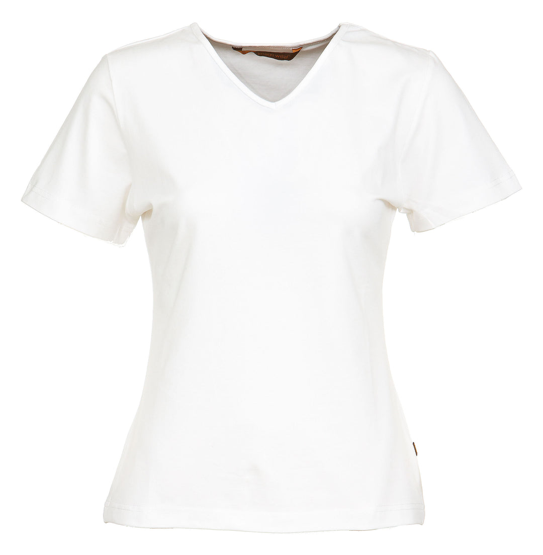 Valkoinen lyhythihainen naisten t-paita v-pääntiellä. Aavistuksen vartalonmyötäinen malli. 