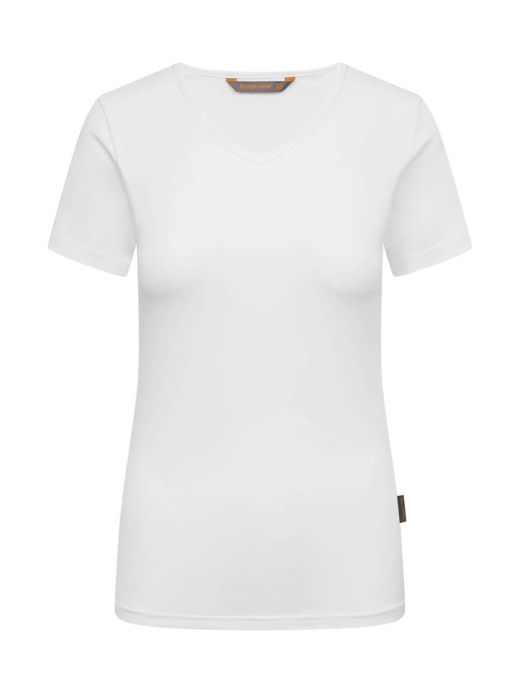 Naisten valkoinen lyhythihainen t-paita. V-pääntie. Sivusaumassa Image Wear tuotemerkki. Vähän normaalia pidempi malli. 