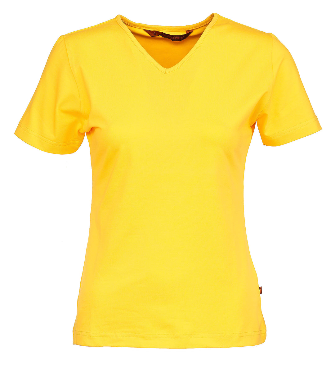 Naisten lyhythihainen kirkkaankeltainen T-paita v-pääntiellä. Malli on aavistuksen tyköistuva. Joustava ja laadukas materiaali.