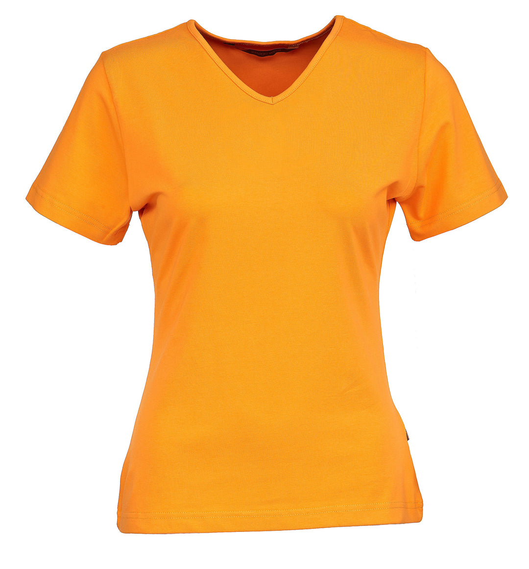 Naisten lyhythihainen oranssi T-paita v-pääntiellä. Malli on aavistuksen tyköistuva. Joustava ja laadukas materiaali.