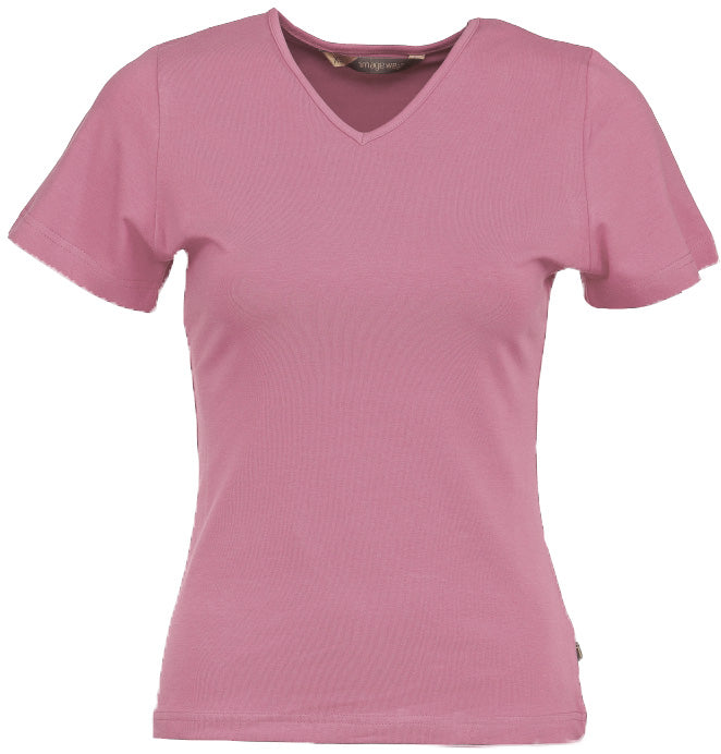 Naisten lyhythihainen pinkki T-paita v-pääntiellä. Malli on aavistuksen tyköistuva. Joustava ja laadukas materiaali.