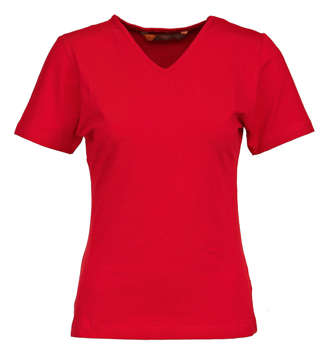 Naisten lyhythihainen kirkkaanpunainen T-paita v-pääntiellä. Malli on aavistuksen tyköistuva. Joustava ja laadukas materiaali.