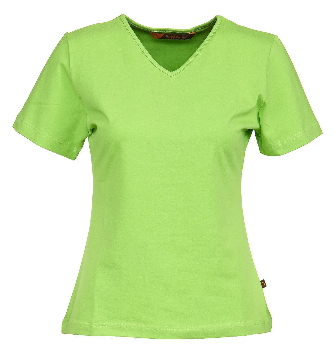 Naisten lyhythihainen limenvihreä T-paita v-pääntiellä. Malli on aavistuksen tyköistuva. 
