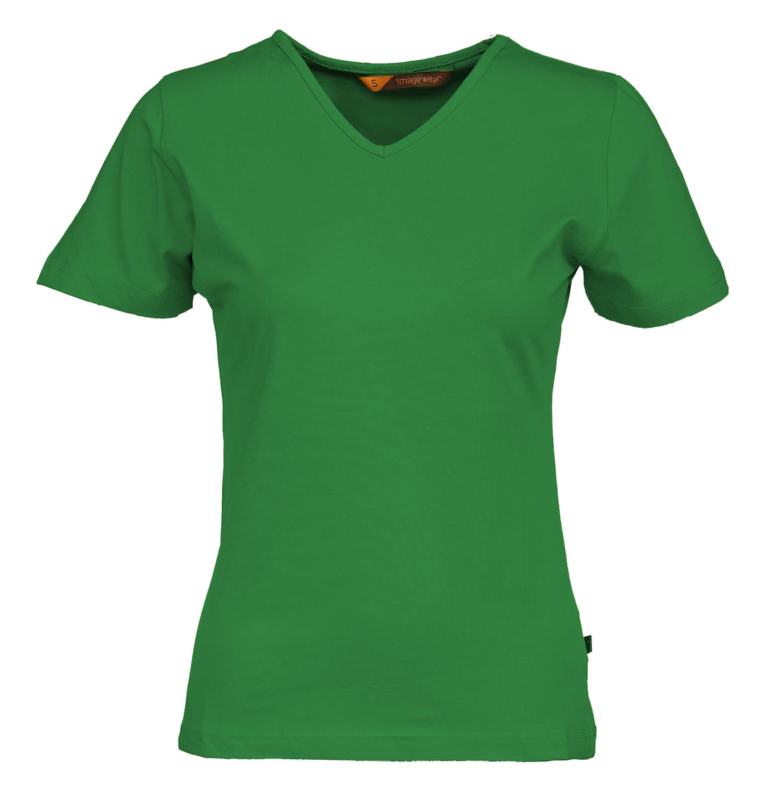 Naisten vihreä lyhythihainen T-paita v-pääntiellä. Malli on aavistuksen tyköistuva.
