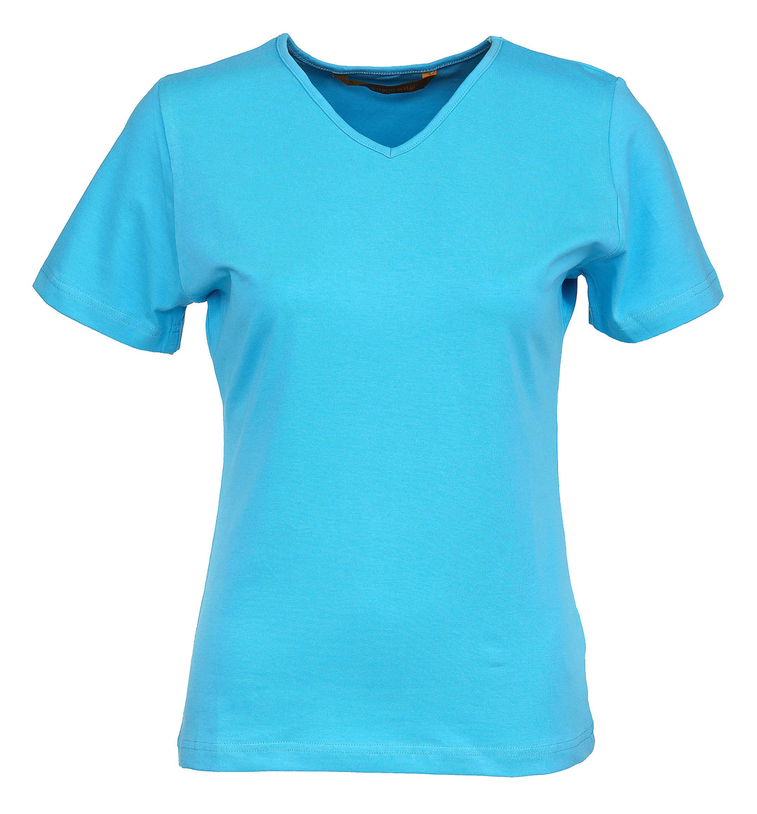 Turkoosi lyhythihainen naisten t-paita v-pääntiellä. Aavistuksen vartalonmyötäinen malli.