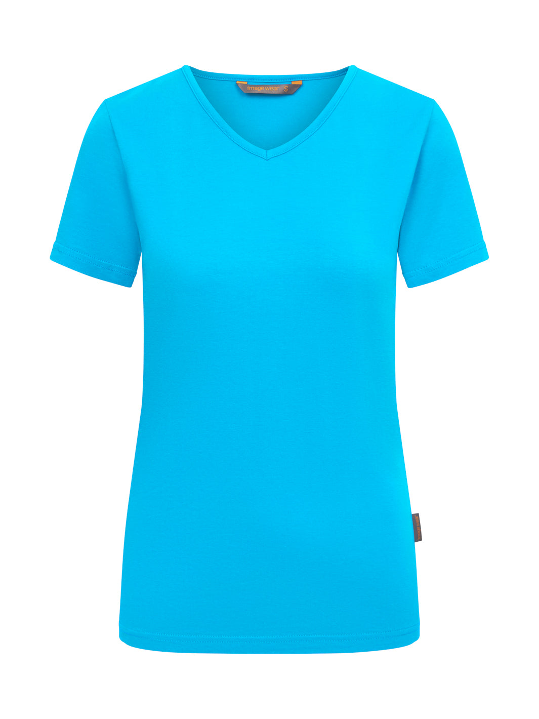 Naisten turkoosi lyhythihainen t-paita. V-pääntie. Sivusaumassa Image Wear tuotemerkki. Vähän normaalia pidempi malli.  