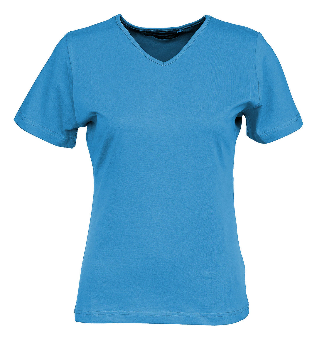 Taivaansininen lyhythihainen naisten t-paita v-pääntiellä. Aavistuksen vartalonmyötäinen malli.