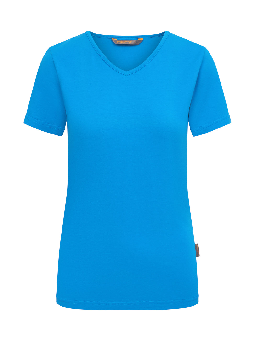 Naisten kirkkaansininen lyhythihainen t-paita. V-pääntie. Sivusaumassa Image Wear tuotemerkki. Vähän normaalia pidempi malli. 