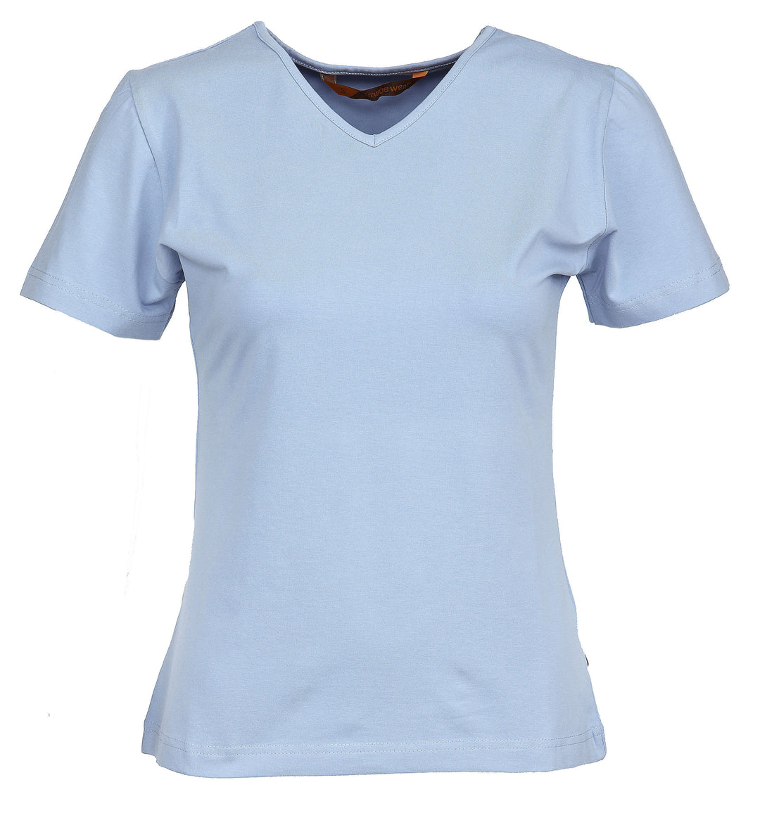 Naisten lyhythihainen vaaleansininen T-paita v-pääntiellä. Malli on aavistuksen tyköistuva. Joustava ja laadukas materiaali.