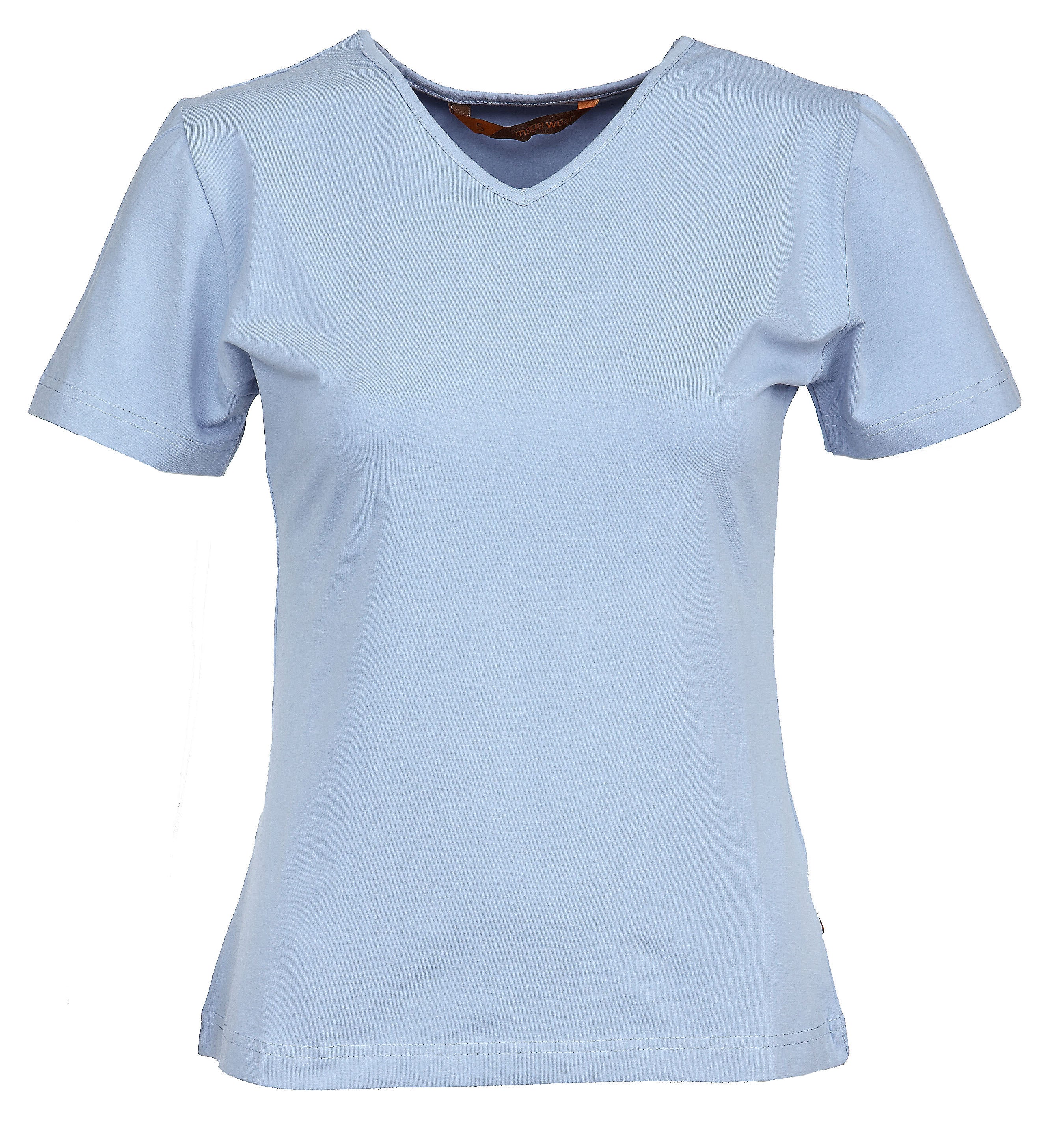 Naisten lyhythihainen vaaleansininen T-paita v-pääntiellä. Malli on aavistuksen tyköistuva. Joustava ja laadukas materiaali.
