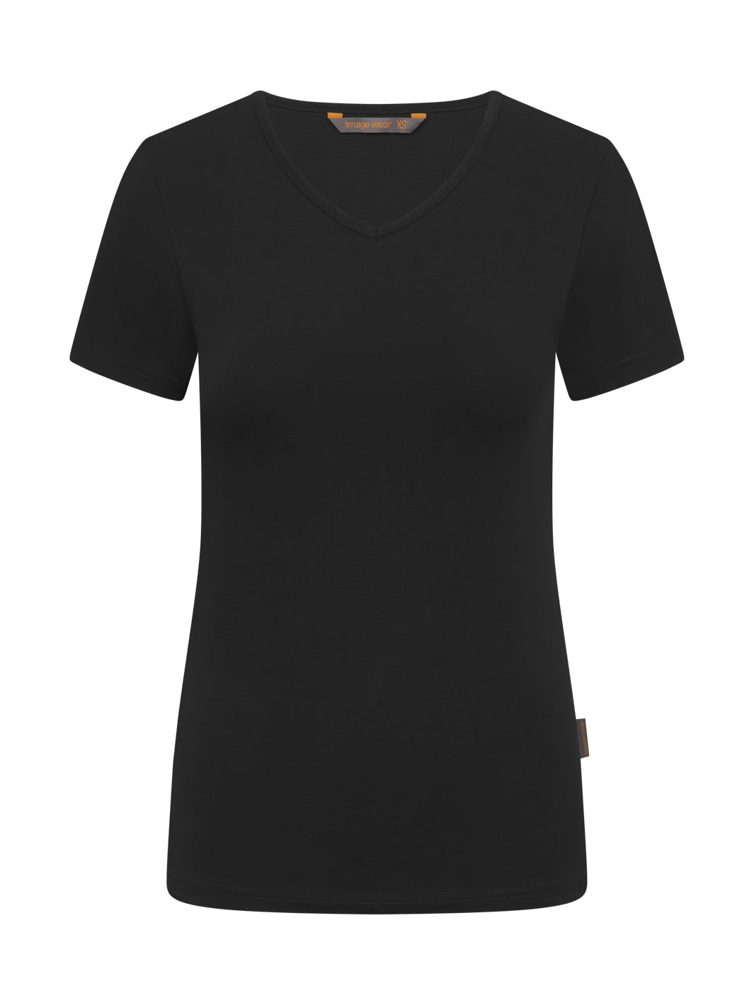Naisten musta t-paita. Malli aavistuksen pidempi lantiolle. V-pääntie. Sivusaumassa Image Wearin tuotemerkki.