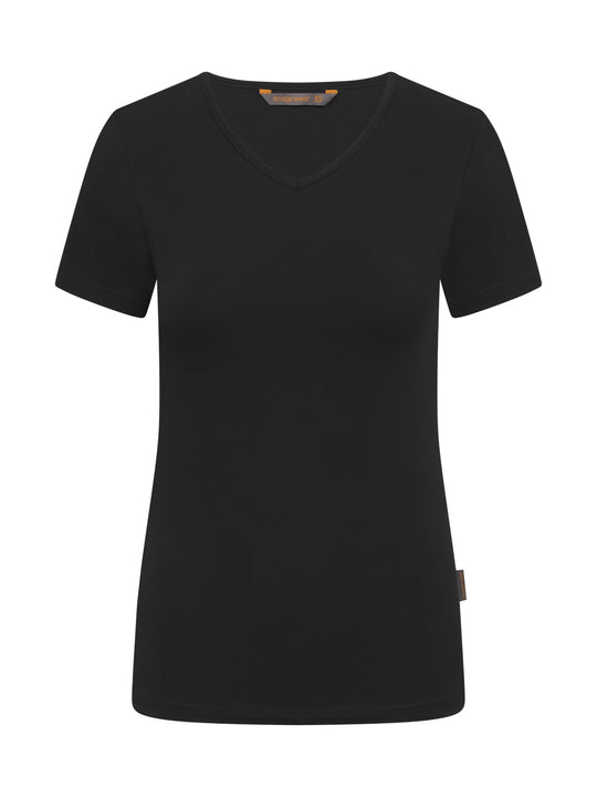 Naisten musta t-paita. Malli aavistuksen pidempi lantiolle. V-pääntie. Sivusaumassa Image Wearin tuotemerkki.