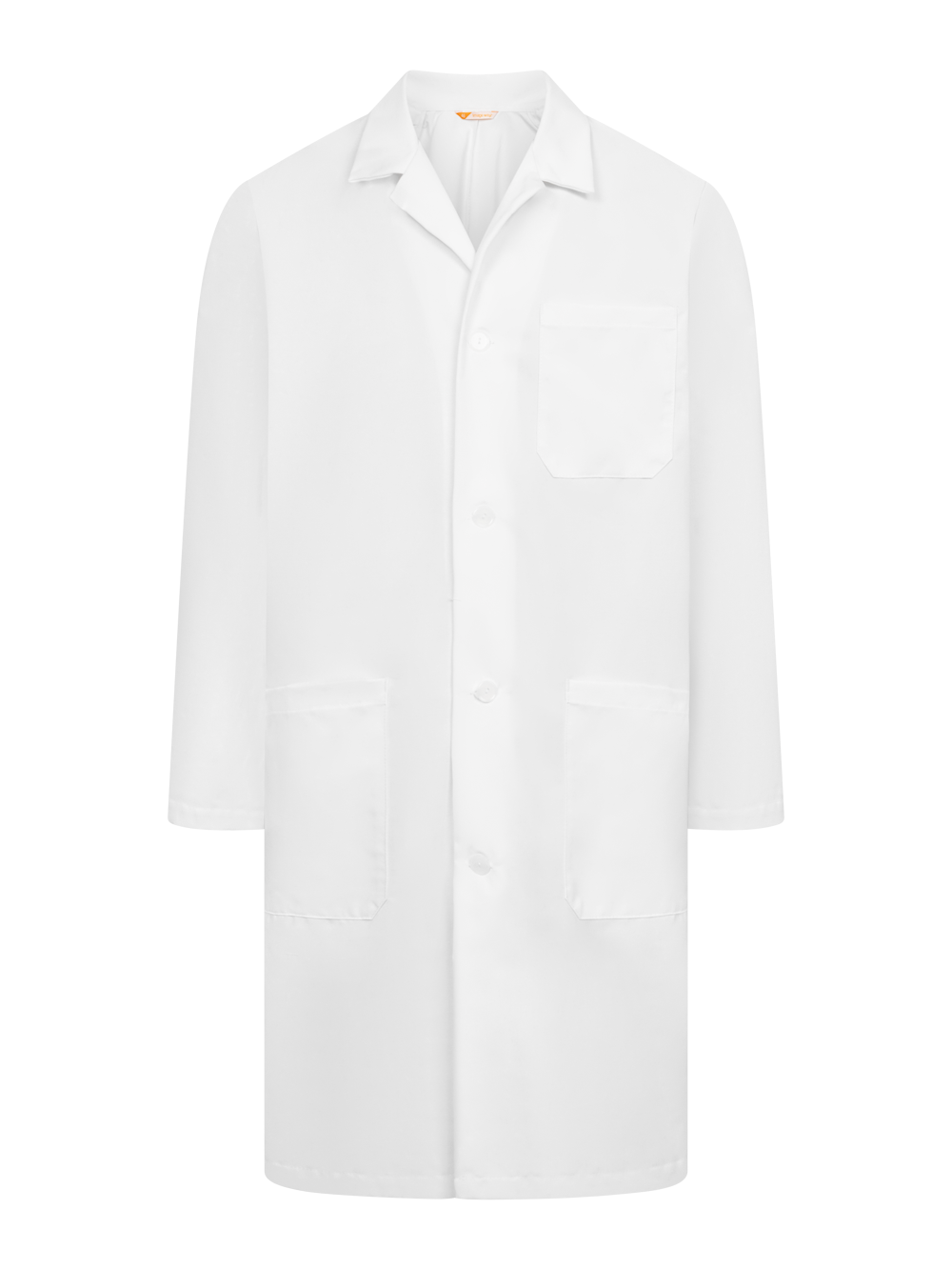 Valkoinen miesten työtakki, korkeahygieeninen. Pitkät hihat. Rintatasku ja alataskut. 