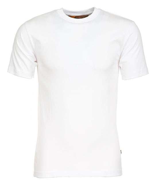 Valkoinen t-paita. Lyhythihainen, pyöreä pääntie. Kapea, suora malli.