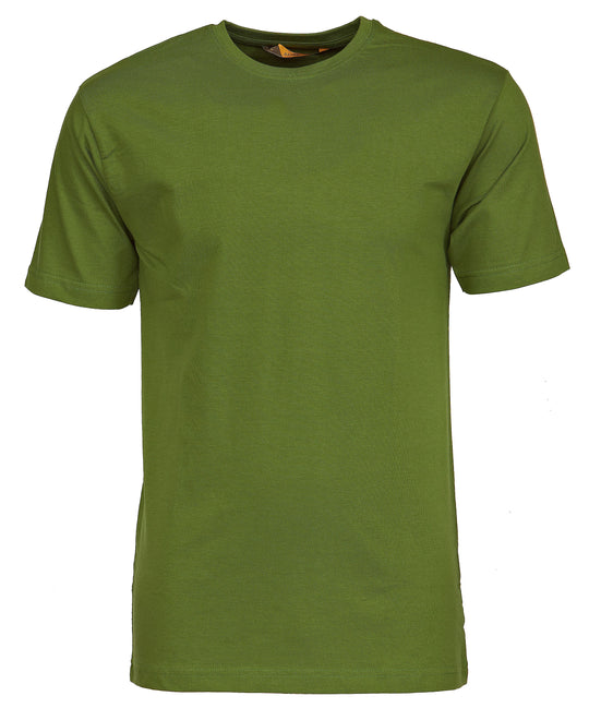 Oliivin vihreä t-paita. Lyhythihainen, pyöreä pääntie. Kapea, suora malli.