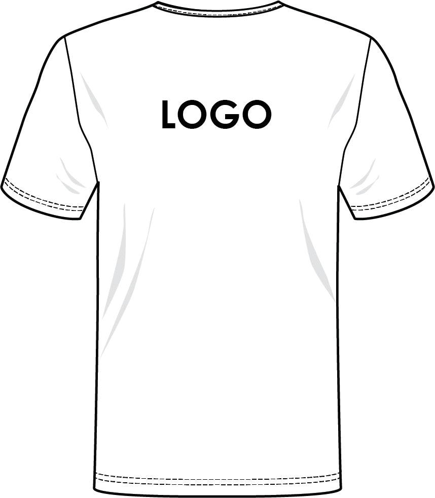 Piirroskuva esimerkkinä mihin kohtaan T-paidan yläselkään voidaan laittaa logopainatus.