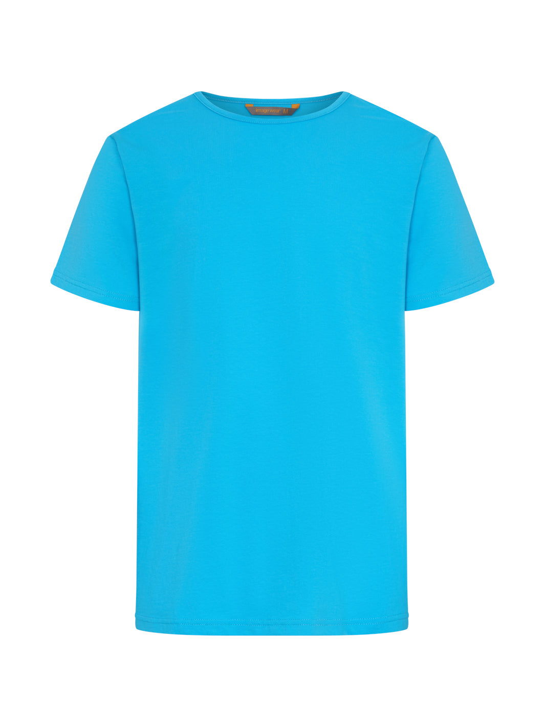 Kuvassa turkoosi t-paita. Pyöreä pääntie. 