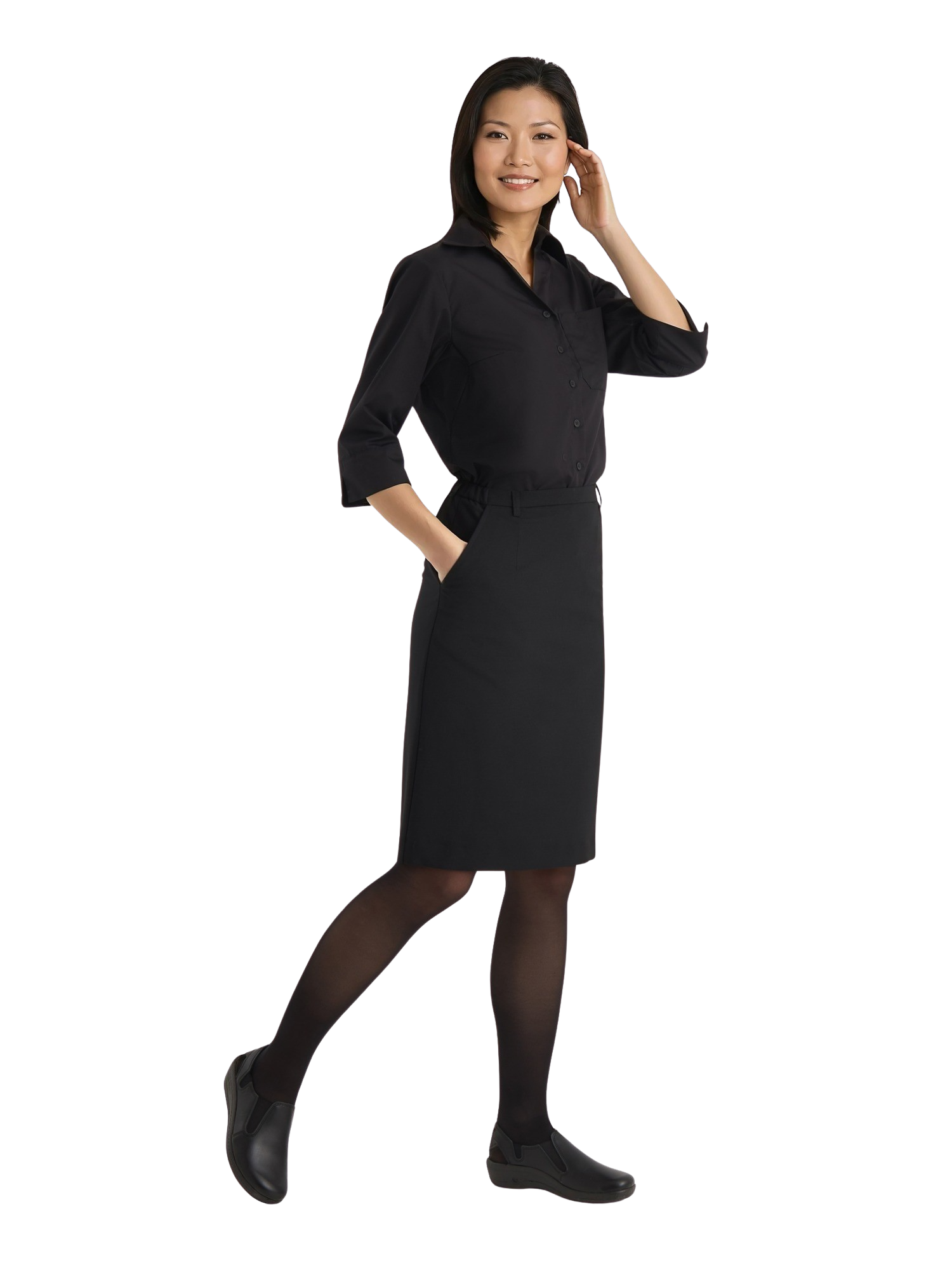 Naismallilla kuvassa päällä Image Wearin musta kynähame ja kauluspaita. Jalassa hänellä on mustat nahkaiset Rumba-työjalkineet.