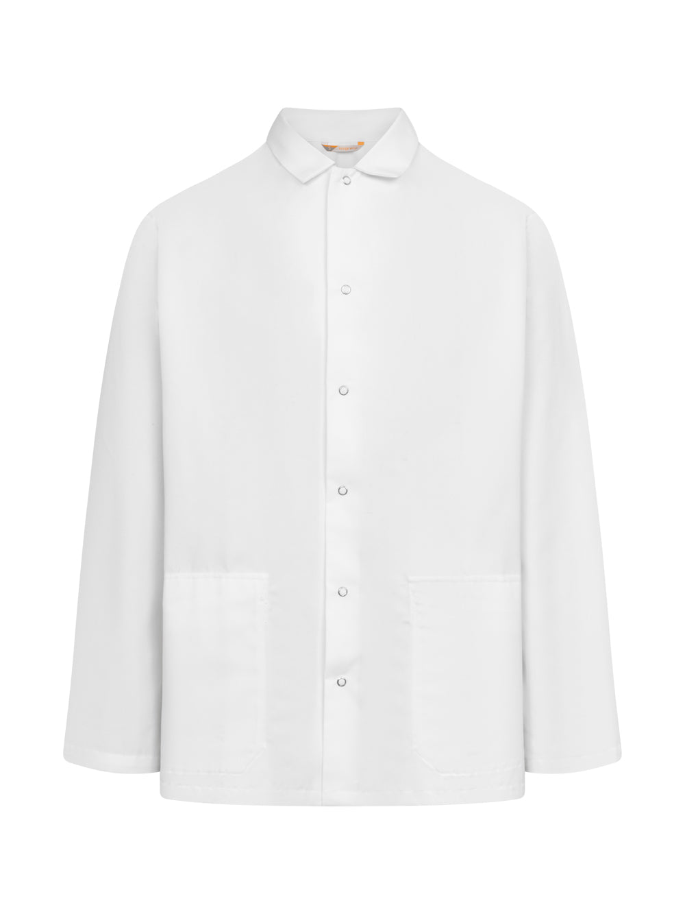 Valkoinen pitkähihainen työtakki. Sisäpuoliset alataskut, paitakaulus, painonepparikiinnitys edessä. Hihansuiden säätö nepparilla.