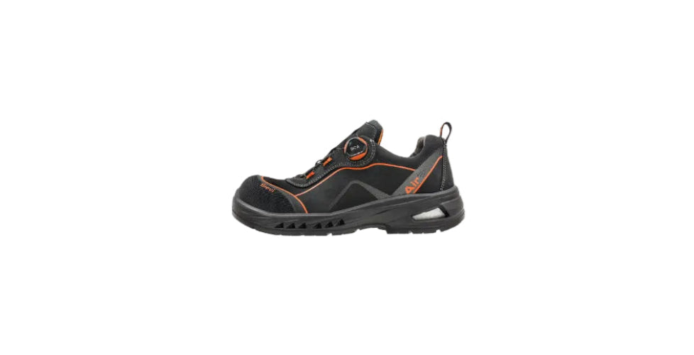 SieviAir® Go -turvajalkineet. Väritys musta-oranssi. Boa-kiinnitys edessä sivulla. 