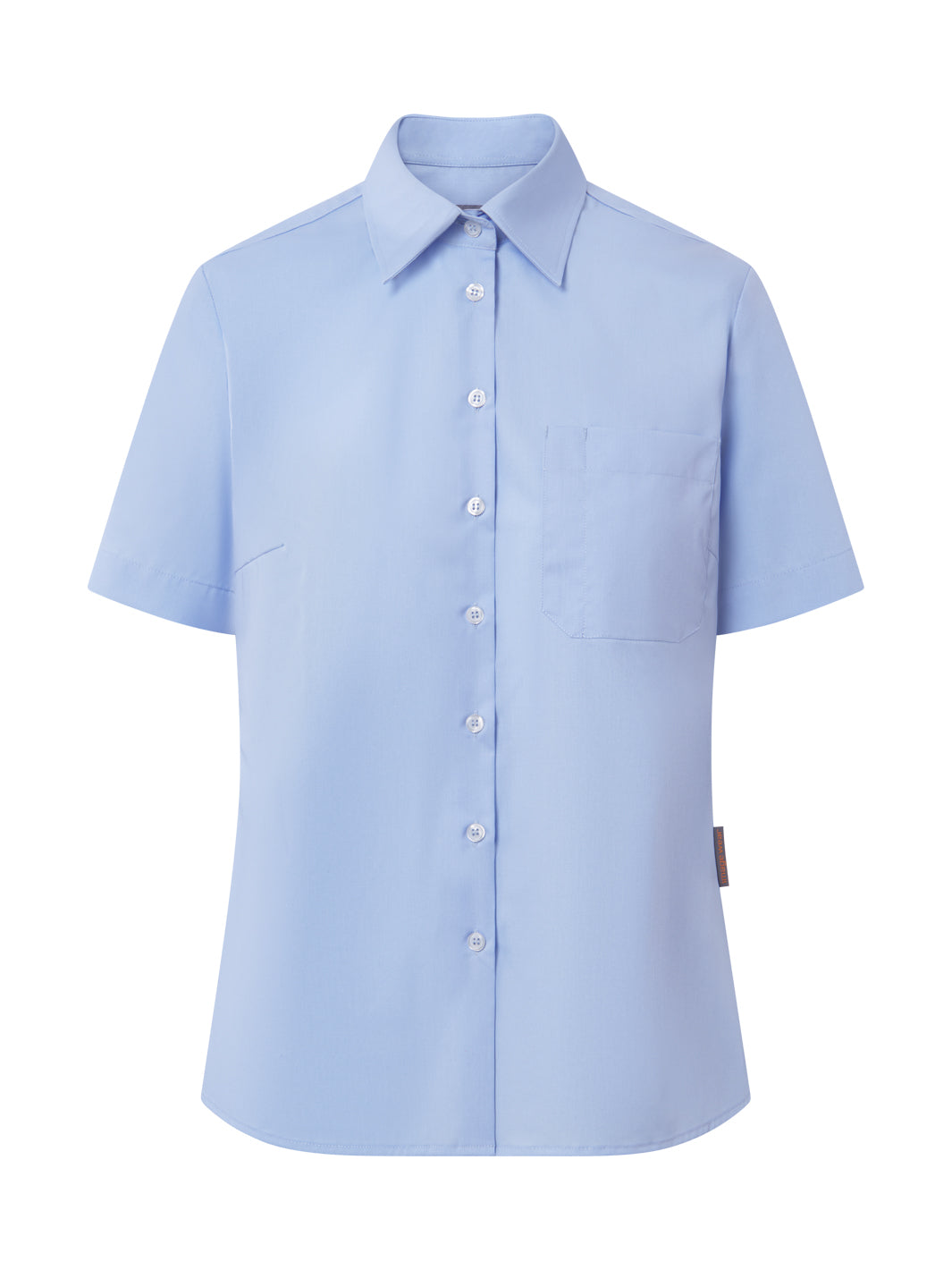 Image Wearin aavistuksen vartalonmyötäinen, naisille muotoiltu vaaleansininen lyhythihainen paitapusero. Rintatasku, jossa myös kynätasku erikseen. 
