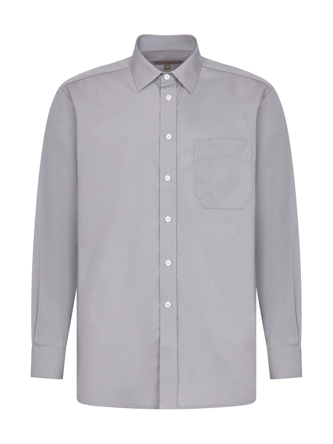 Kuvassa harmaa pitkähihainen kauluspaita. Rintatasku vasemmalla. 