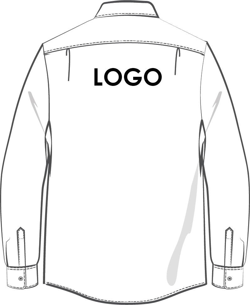 Piirroskuva esimerkkinä mihin kohtaan kauluspaidan yläselkään voidaan laittaa logopainatus.