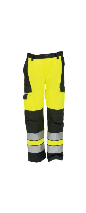 Image Wearin näkyvät musta-keltaiset työhousut. Reisitaskut. Lahkeissa heijastinyksityiskohdat.