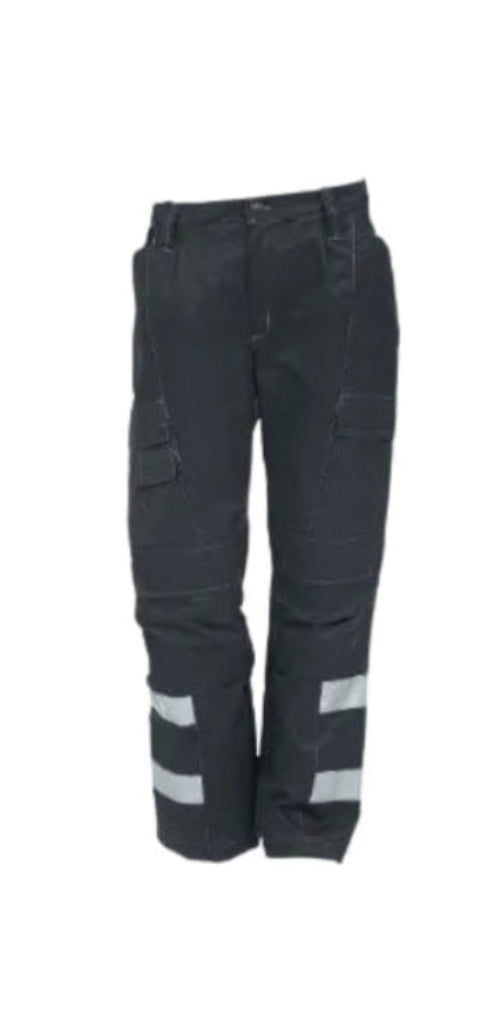 Image Wearin tummanharmaat talvihousut. Reisistaskut ja sivutaskut. Vyönlenkit. Heijastin yksityiskohdat lahkeissa. 