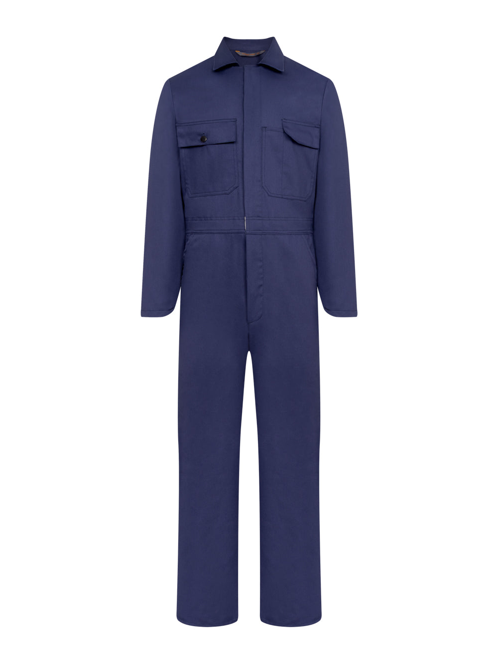 Tummansininen perinteinen työhaalari. Isot läpälliset rintataskut ja sivutaskut. 