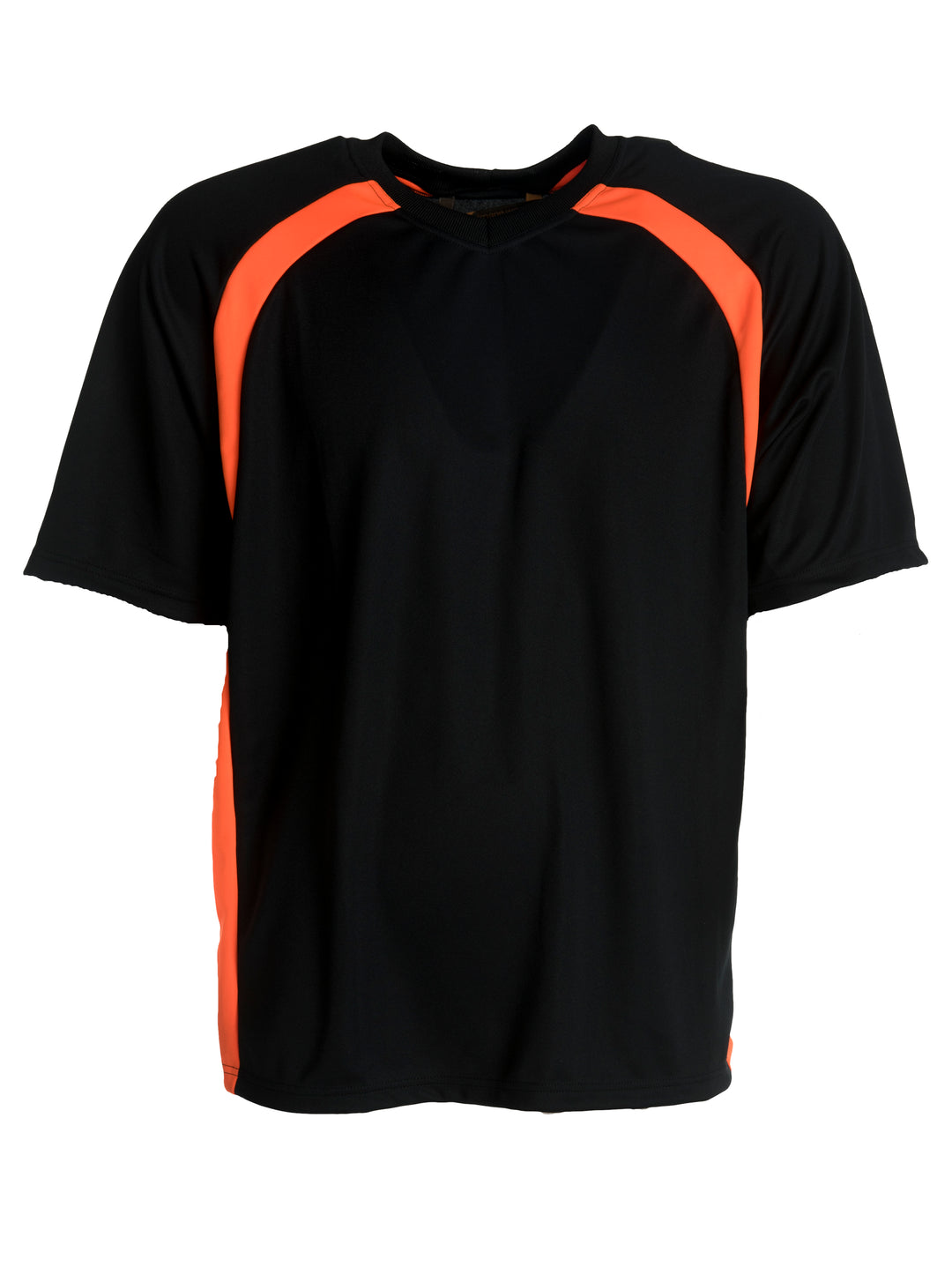 Musta lyhythihainen t-paita teknisestä materiaalista. Suora malli, pyöreä pääntie. Raglan-hiha. Edessä ylhäällä sekä sivulla oranssit kaistaleet.