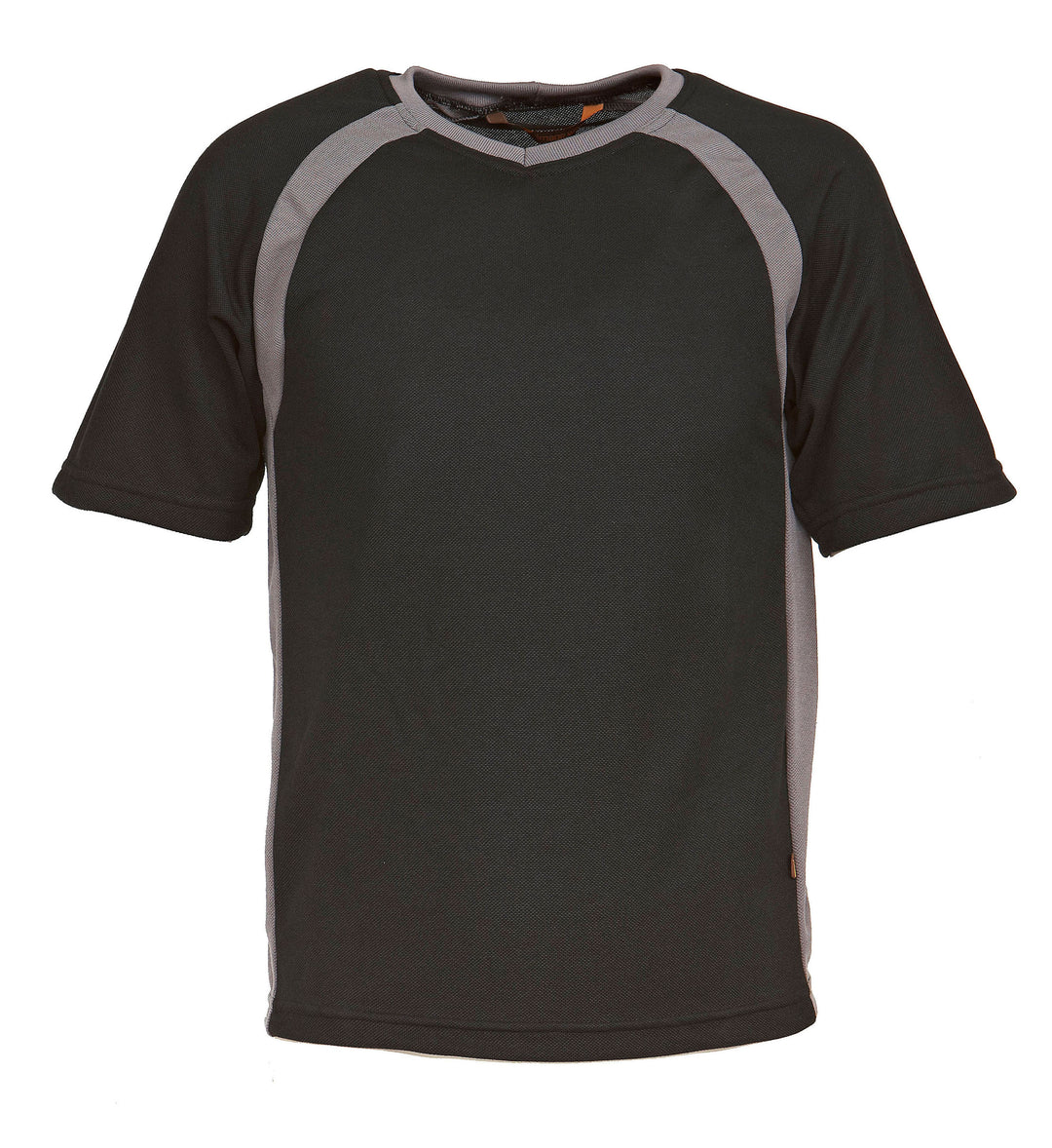 Musta lyhythihainen t-paita teknisestä materiaalista. Suora malli, pyöreä pääntie. Raglan-hiha. Edessä ylhäällä sekä sivulla harmaat kaistaleet.