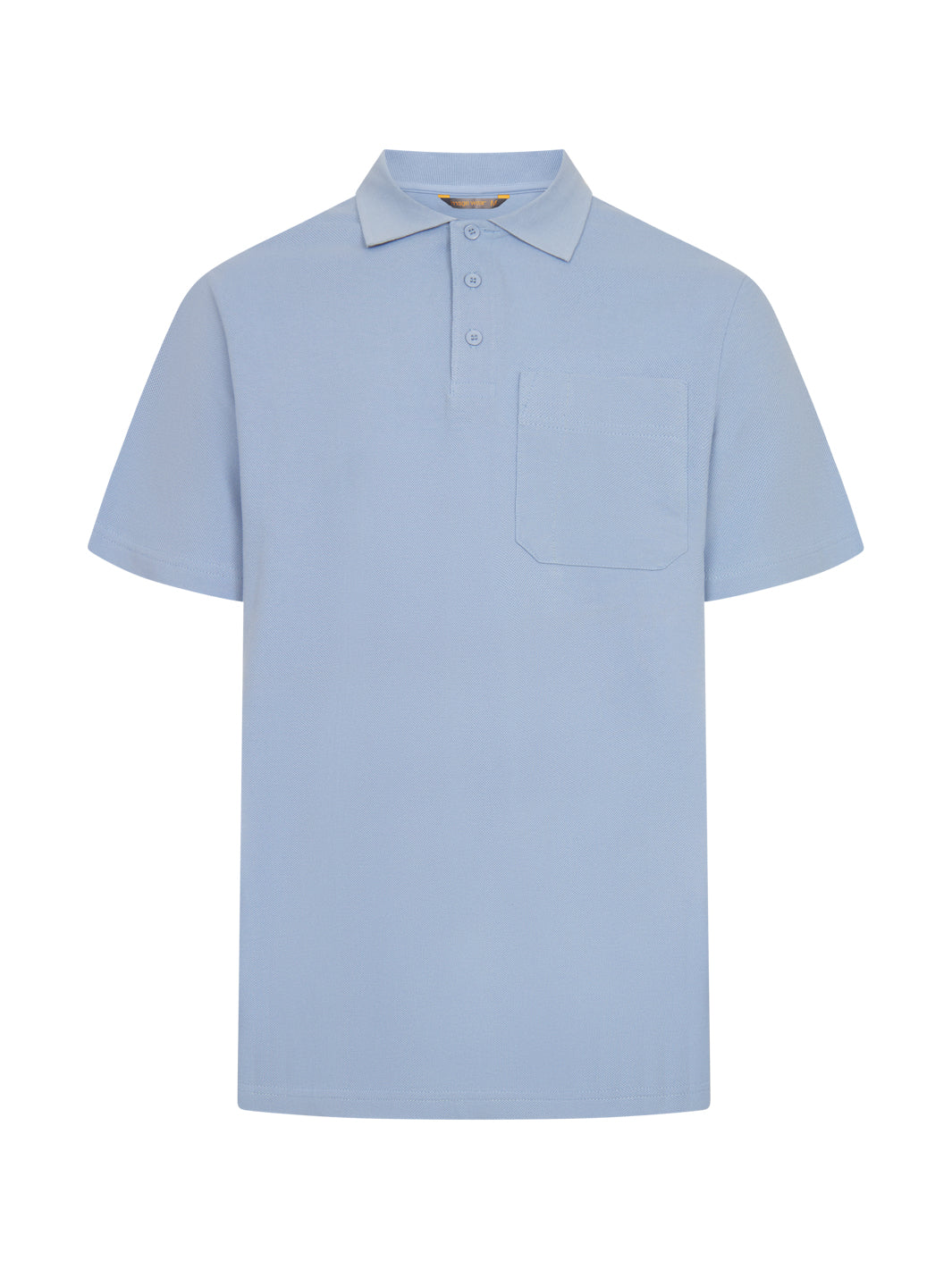 Vaaleansininen pikeepaita rintataskulla.