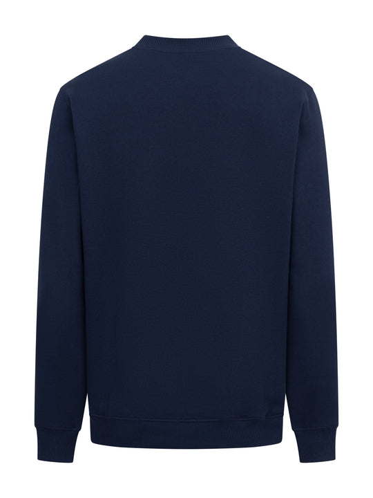 Tummansininen collegepaita takaapäin kuvattuna. 