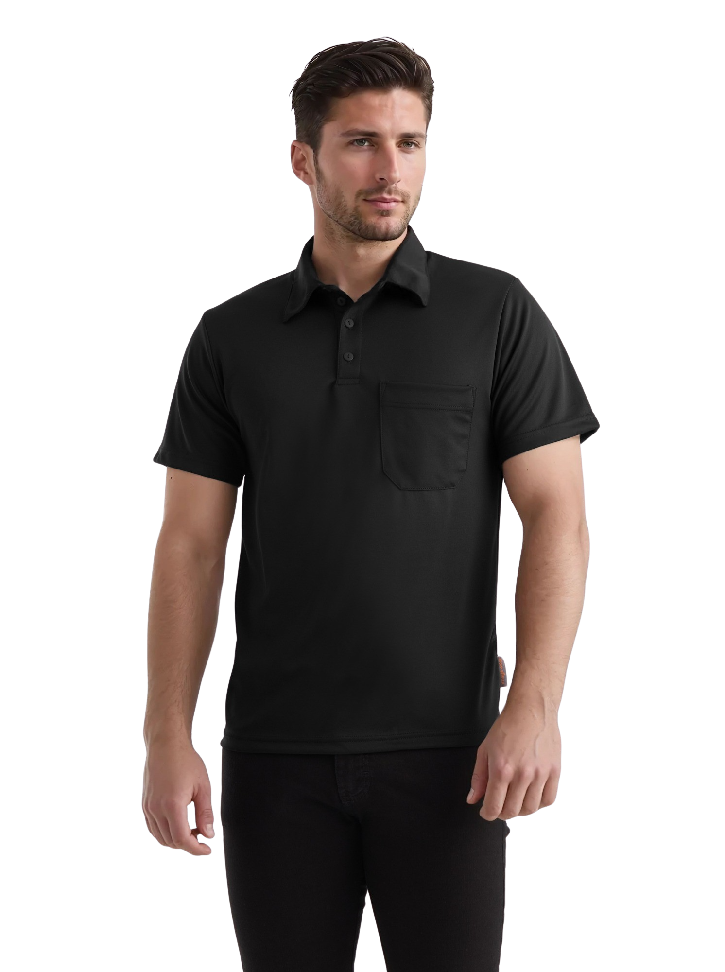 Kuvassa miesmallilla päällä Image Wearin musta tekninen pikeepaita sekä mustat työfarkut. 